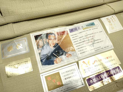 平和屋着物▽本加賀友禅作家　押田正義監修　色無地　単衣　堅牢染　白橡色　証紙付き　正絹　逸品　DABK1067cd