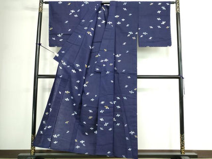 平和屋着物∴夏物　浴衣　注染　手縫い　舞花文　杜若　カキツバタ　綿　逸品　DABK1086cd
