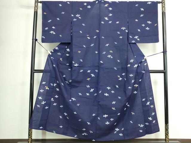 平和屋着物∴夏物　浴衣　注染　手縫い　舞花文　杜若　カキツバタ　綿　逸品　DABK1086cd