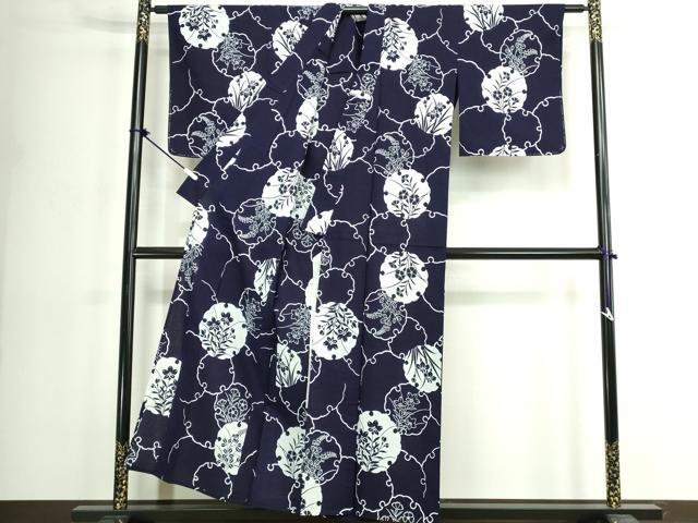 平和屋着物∴夏物　浴衣　注染　手縫い　雪輪花文　逸品　DABK1093cd