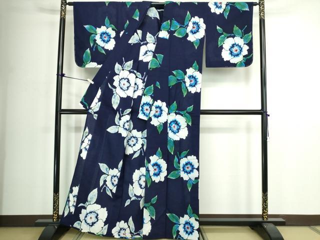 平和屋着物∴夏物　浴衣　注染　手縫い　草花文　綿　逸品　DABK1122cd
