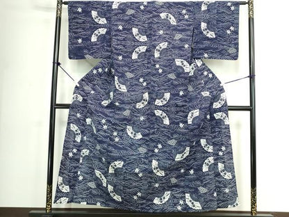 平和屋着物∴夏物　浴衣　注染　手縫い　流水扇面花文　逸品　DABK1124cd