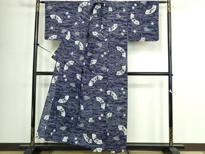 平和屋着物∴夏物　浴衣　注染　手縫い　流水扇面花文　逸品　DABK1124cd