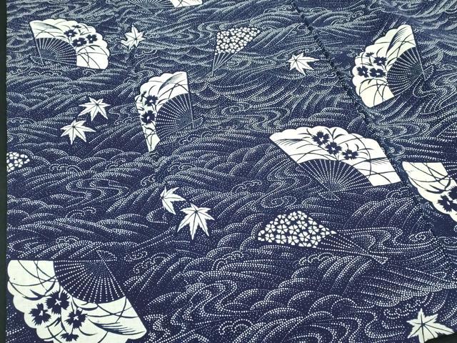 平和屋着物∴夏物　浴衣　注染　手縫い　流水扇面花文　逸品　DABK1124cd