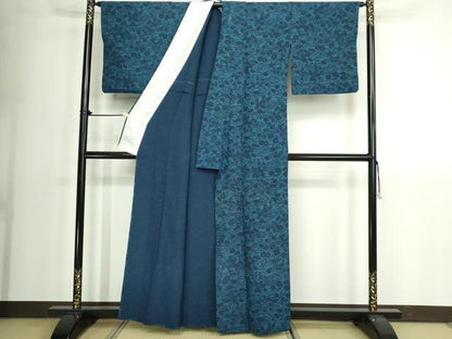 平和屋着物▽上質な小紋　単衣　藍　型染め　舞桜文　正絹　逸品　DABK1249cd