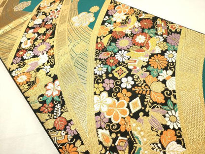 平和屋着物◎六通柄名古屋帯　唐織　花蝶文　宝尽くし　金糸　正絹　逸品　DABK1507cd