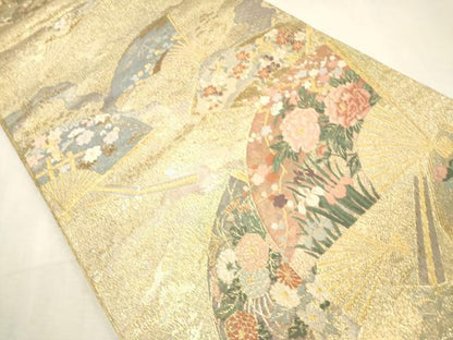 平和屋着物◎両面　両方向　全通柄袋帯　六歌仙色紙文　扇絵色草花　正絹　逸品　DABK1514cd