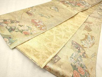 平和屋着物◎両面　両方向　全通柄袋帯　六歌仙色紙文　扇絵色草花　正絹　逸品　DABK1514cd