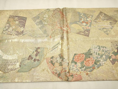 平和屋着物◎両面　両方向　全通柄袋帯　六歌仙色紙文　扇絵色草花　正絹　逸品　DABK1514cd