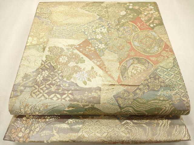 平和屋着物◎両面　両方向　全通柄袋帯　六歌仙色紙文　扇絵色草花　正絹　逸品　DABK1514cd