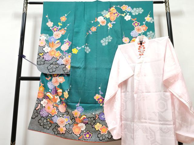 平和屋着物[]七五三　女の子　７歳　祝着　四つ身　襦袢(無双仕立て・半衿刺繍)セット　鴛鴦枝梅花文　金彩　DABK1640ma