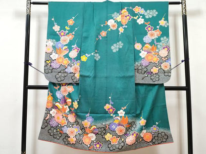 平和屋着物[]七五三　女の子　７歳　祝着　四つ身　襦袢(無双仕立て・半衿刺繍)セット　鴛鴦枝梅花文　金彩　DABK1640ma