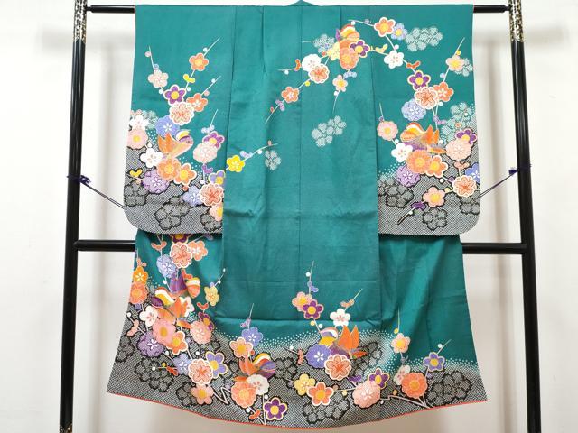 平和屋着物[]七五三　女の子　７歳　祝着　四つ身　襦袢(無双仕立て・半衿刺繍)セット　鴛鴦枝梅花文　金彩　DABK1640ma