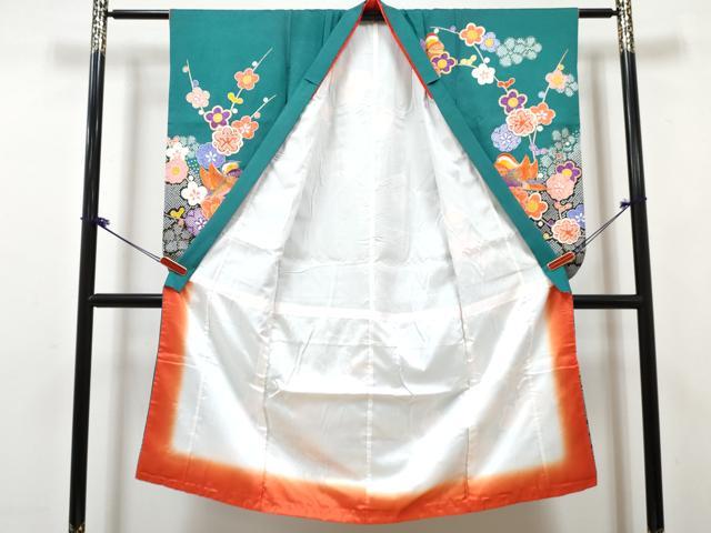 平和屋着物[]七五三　女の子　７歳　祝着　四つ身　襦袢(無双仕立て・半衿刺繍)セット　鴛鴦枝梅花文　金彩　DABK1640ma