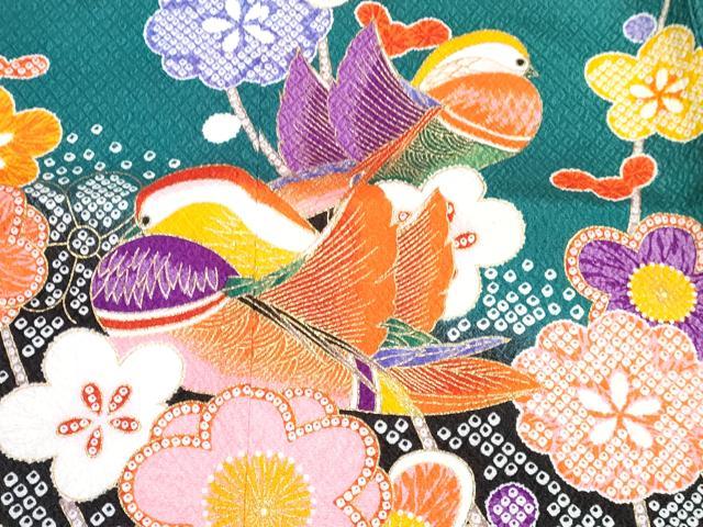 平和屋着物[]七五三　女の子　７歳　祝着　四つ身　襦袢(無双仕立て・半衿刺繍)セット　鴛鴦枝梅花文　金彩　DABK1640ma