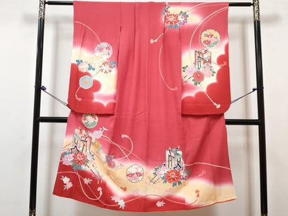 平和屋着物[]七五三　女の子　７歳　祝着　四つ身　長襦袢(単衣・半衿刺繍)セット　雪輪御所車花文　暈し染め　金銀彩　逸品　DABK1641ma