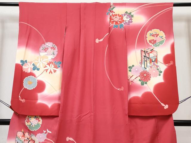 平和屋着物[]七五三　女の子　７歳　祝着　四つ身　長襦袢(単衣・半衿刺繍)セット　雪輪御所車花文　暈し染め　金銀彩　逸品　DABK1641ma