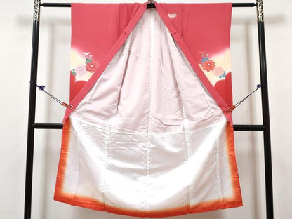 平和屋着物[]七五三　女の子　７歳　祝着　四つ身　長襦袢(単衣・半衿刺繍)セット　雪輪御所車花文　暈し染め　金銀彩　逸品　DABK1641ma