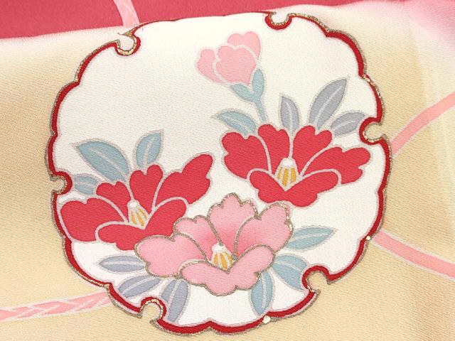 平和屋着物[]七五三　女の子　７歳　祝着　四つ身　長襦袢(単衣・半衿刺繍)セット　雪輪御所車花文　暈し染め　金銀彩　逸品　DABK1641ma