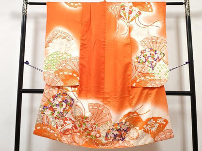 平和屋着物[]七五三　女の子　７歳　祝着　四つ身　襦袢(無双仕立て・半衿刺繍)セット　檜扇花文　暈し染め　金彩　逸品　DABK1642ma