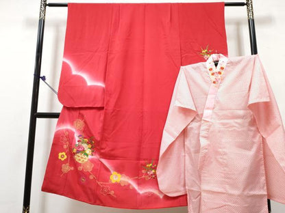 平和屋着物[]七五三　女の子　７歳　祝着　四つ身　襦袢(単衣・半衿刺繍)セット　駒刺繍　花籠文　暈し染め　金糸　逸品　DABK1643ma