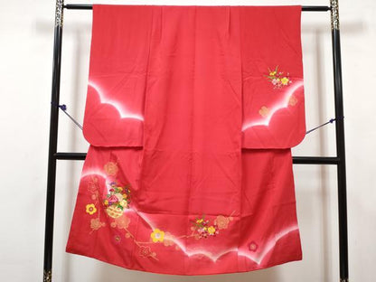 平和屋着物[]七五三　女の子　７歳　祝着　四つ身　襦袢(単衣・半衿刺繍)セット　駒刺繍　花籠文　暈し染め　金糸　逸品　DABK1643ma