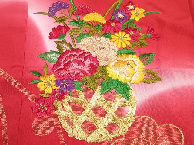 平和屋着物[]七五三　女の子　７歳　祝着　四つ身　襦袢(単衣・半衿刺繍)セット　駒刺繍　花籠文　暈し染め　金糸　逸品　DABK1643ma