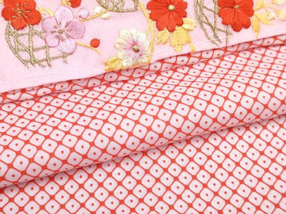 平和屋着物[]七五三　女の子　７歳　祝着　四つ身　襦袢(単衣・半衿刺繍)セット　駒刺繍　花籠文　暈し染め　金糸　逸品　DABK1643ma