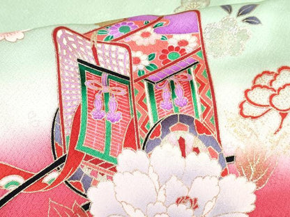 平和屋着物[]七五三　女の子　７歳　祝着　四つ身　御所車花文　暈し染め　金銀彩　逸品　DABK1647ma