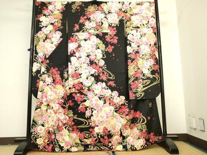 平和屋着物●豪華振袖　刺繍　花鞠文　黒地　ラメ糸　金銀彩　銀通し地　正絹　逸品　DABK2005op