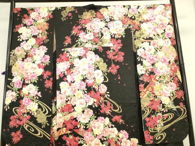 平和屋着物●豪華振袖　刺繍　花鞠文　黒地　ラメ糸　金銀彩　銀通し地　正絹　逸品　DABK2005op