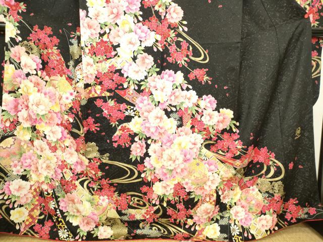 平和屋着物●豪華振袖　刺繍　花鞠文　黒地　ラメ糸　金銀彩　銀通し地　正絹　逸品　DABK2005op