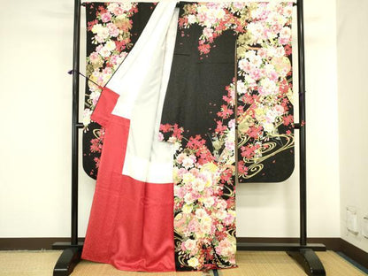 平和屋着物●豪華振袖　刺繍　花鞠文　黒地　ラメ糸　金銀彩　銀通し地　正絹　逸品　DABK2005op