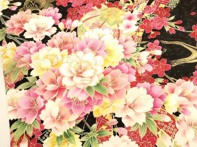 平和屋着物●豪華振袖　刺繍　花鞠文　黒地　ラメ糸　金銀彩　銀通し地　正絹　逸品　DABK2005op
