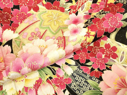 平和屋着物●豪華振袖　刺繍　花鞠文　黒地　ラメ糸　金銀彩　銀通し地　正絹　逸品　DABK2005op