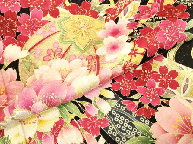 平和屋着物●豪華振袖　刺繍　花鞠文　黒地　ラメ糸　金銀彩　銀通し地　正絹　逸品　DABK2005op
