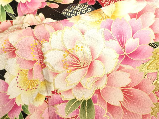 平和屋着物●豪華振袖　刺繍　花鞠文　黒地　ラメ糸　金銀彩　銀通し地　正絹　逸品　DABK2005op