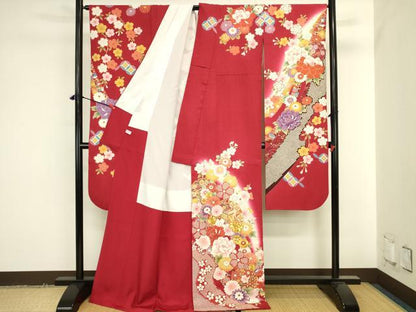 平和屋着物●豪華振袖　駒刺繍　雪輪御所車花文　暈し染め　金彩　正絹　逸品　DABK2007op