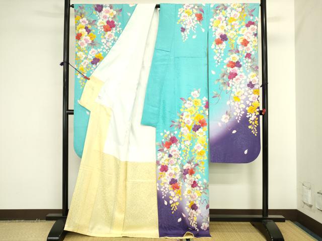 平和屋着物●豪華振袖　刺繍　枝花　暈し染め　金銀糸　金通し地　正絹　逸品　DABK2009op