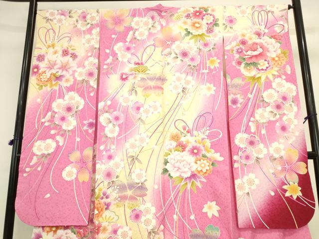 平和屋着物●豪華振袖　刺繍　結び紐花文　暈し染め　金彩　金通し地　正絹　逸品　DABK2011op