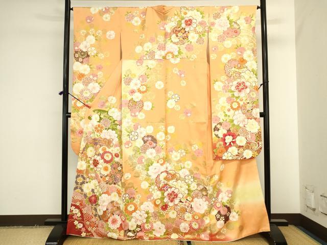 平和屋着物●豪華振袖　駒刺繍　檜扇花文　暈し染め　金彩　正絹　逸品　DABK2012op
