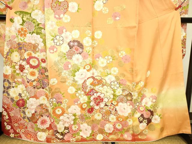 平和屋着物●豪華振袖　駒刺繍　檜扇花文　暈し染め　金彩　正絹　逸品　DABK2012op