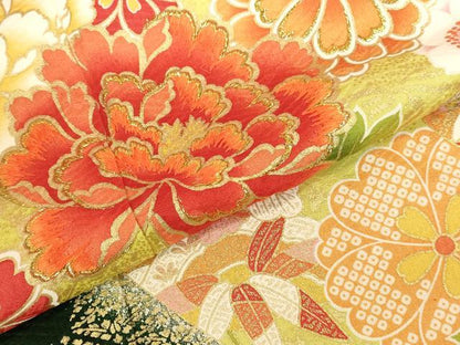 平和屋着物●豪華振袖　刺繍　雪輪草花文　牡丹　暈し染め　金彩　正絹　逸品　DABK2013op