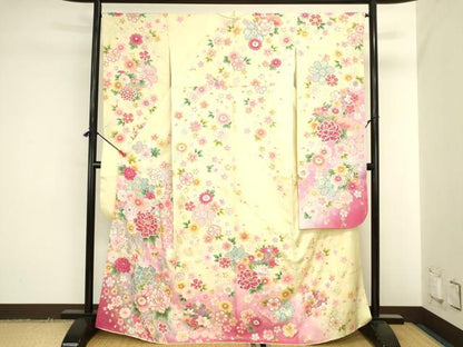平和屋着物●豪華振袖　花鞠文　牡丹　暈し染め　金銀彩　銀通し地　正絹　逸品　DABK2017op