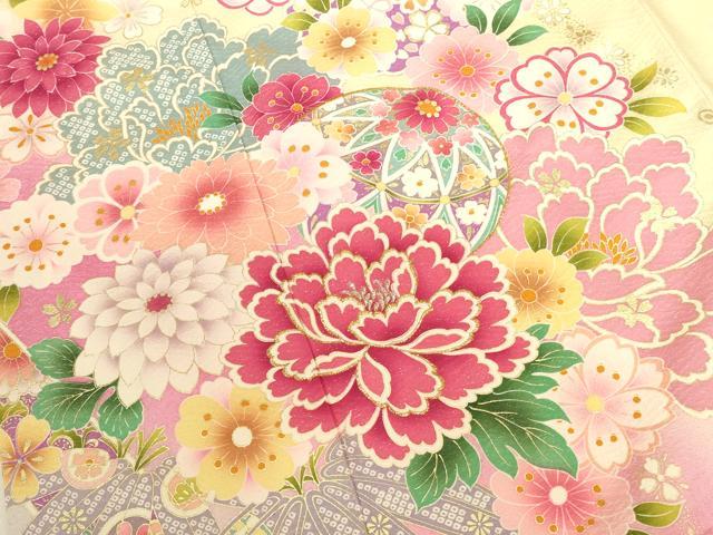 平和屋着物●豪華振袖　花鞠文　牡丹　暈し染め　金銀彩　銀通し地　正絹　逸品　DABK2017op