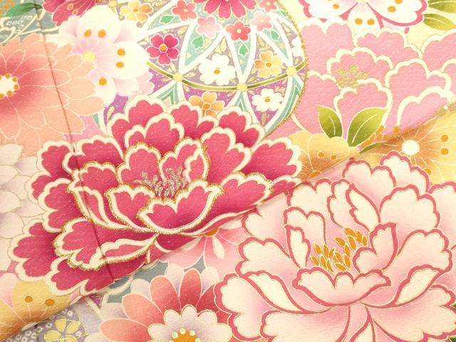 平和屋着物●豪華振袖　花鞠文　牡丹　暈し染め　金銀彩　銀通し地　正絹　逸品　DABK2017op