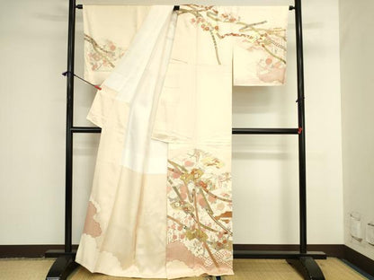 平和屋着物●訪問着　駒刺繍　地紙花文　枝梅　暈し染め　金彩　正絹　逸品　DABK2038op