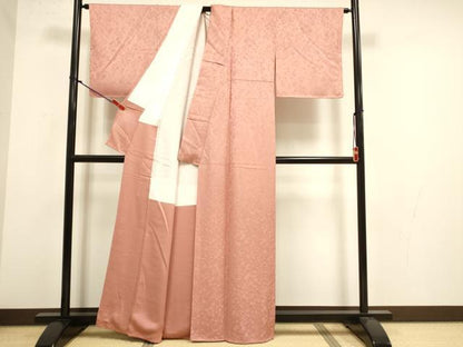 平和屋着物●上質な色無地　草花地紋　珊瑚色　正絹　逸品　DABK2063op