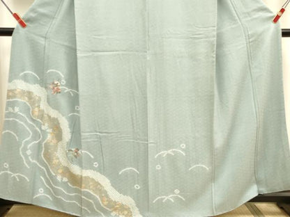 平和屋着物●訪問着　刺繍　絞り　流水花文　金銀彩　正絹　逸品　DABK2090op