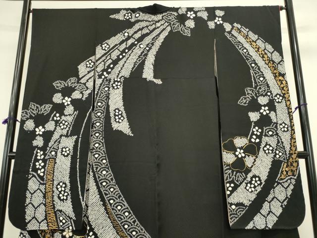 平和屋着物●豪華振袖　駒刺繍　絞り　吉祥舞花文　黒地　金彩　正絹　逸品　DABK2127op